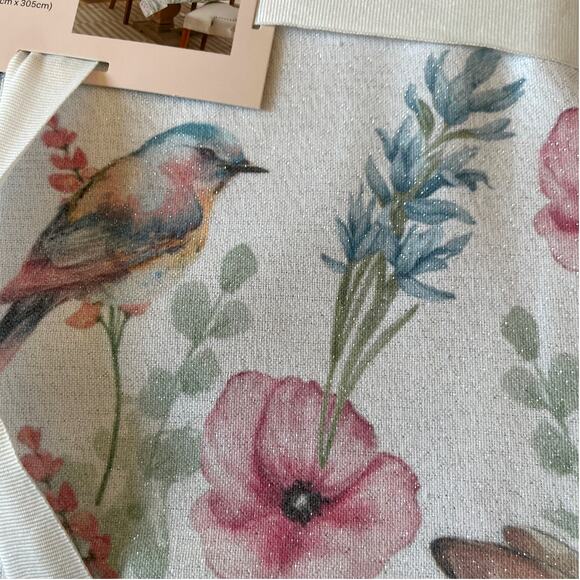 RACHEL ZOE Spring Tablecloth 60x120 Floral Bunnies Silver Glitter NEW - Picture 9 of 10